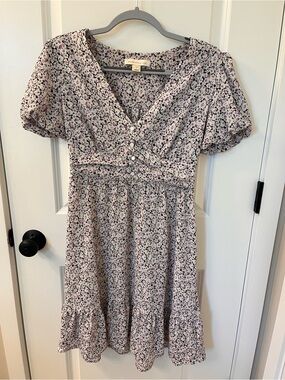 Monteau Lavender Floral Midi Dress with Puff Sleeves